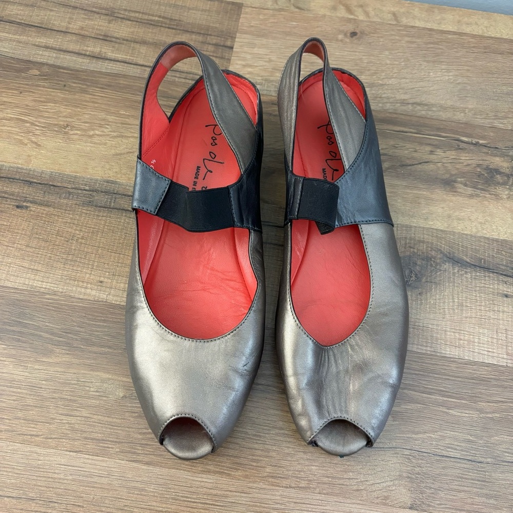 Pas de Rouge Silvia Peep Toe Low Wedge Leather Shoes Women's - Picture 6 of 12